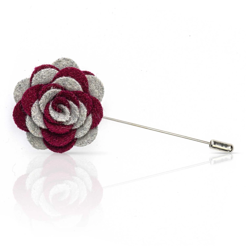 Szpilka do butonierki różyczka z filcu bordowo - szara EM