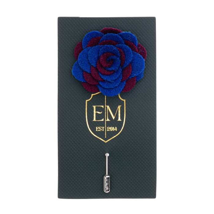 Szpilka do butonierki różyczka z filcu bordowo - niebieska EM