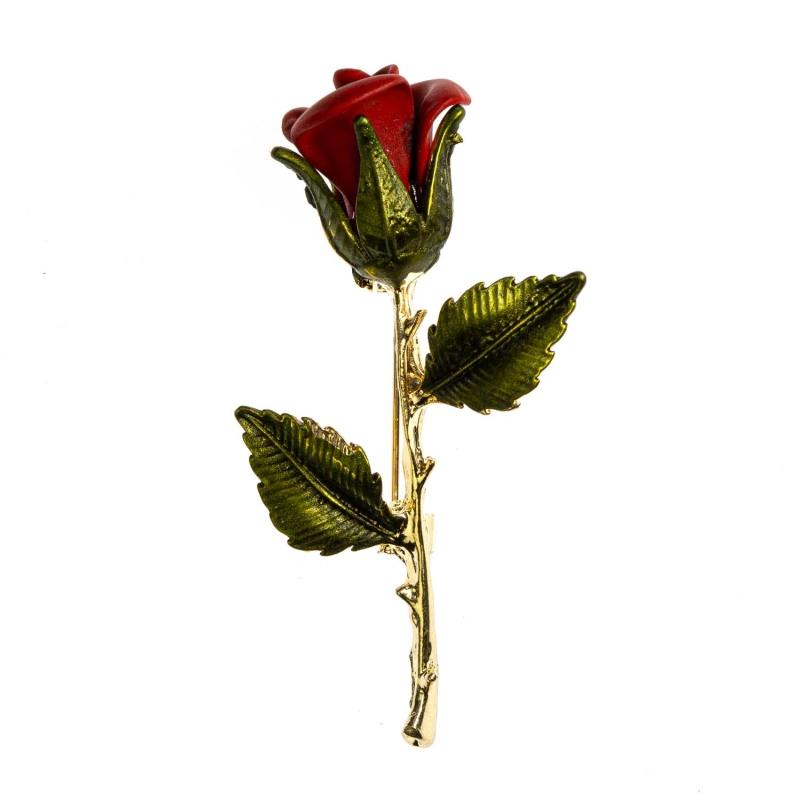 Szpilka do krawatu / butonierki czerwona róża z zielonymi liśćmi i złotą łodygą EM
