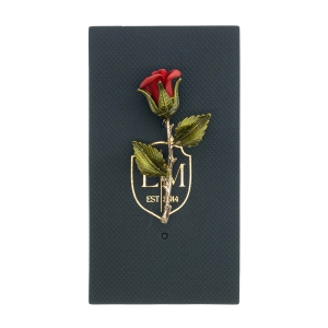 Szpilka do krawatu / butonierki czerwona róża z zielonymi liśćmi i złotą łodygą EM