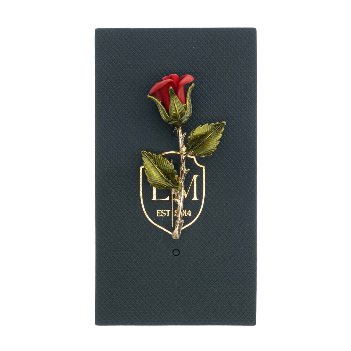 Szpilka do krawatu / butonierki czerwona róża z zielonymi liśćmi i złotą łodygą EM
