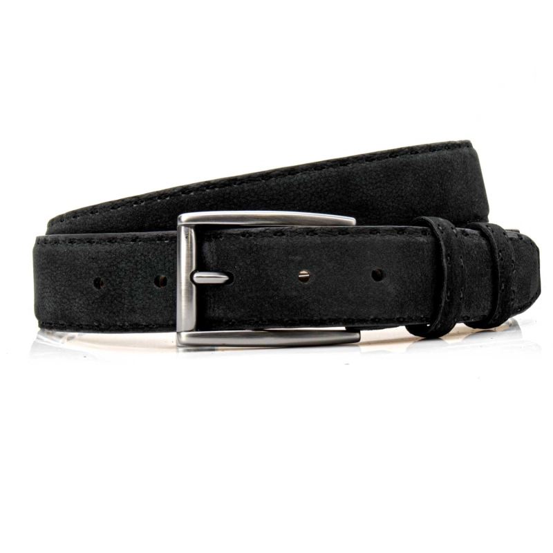 Pasek z nubuku skórzany - kolor czarny ze srebrną klamrą PREMIUM COLLECTION