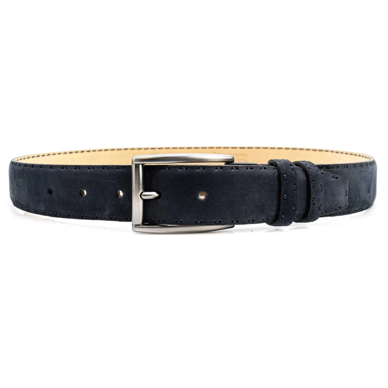 Pasek z nubuku skórzany - kolor granatowy ze srebrną klamrą PREMIUM COLLECTION