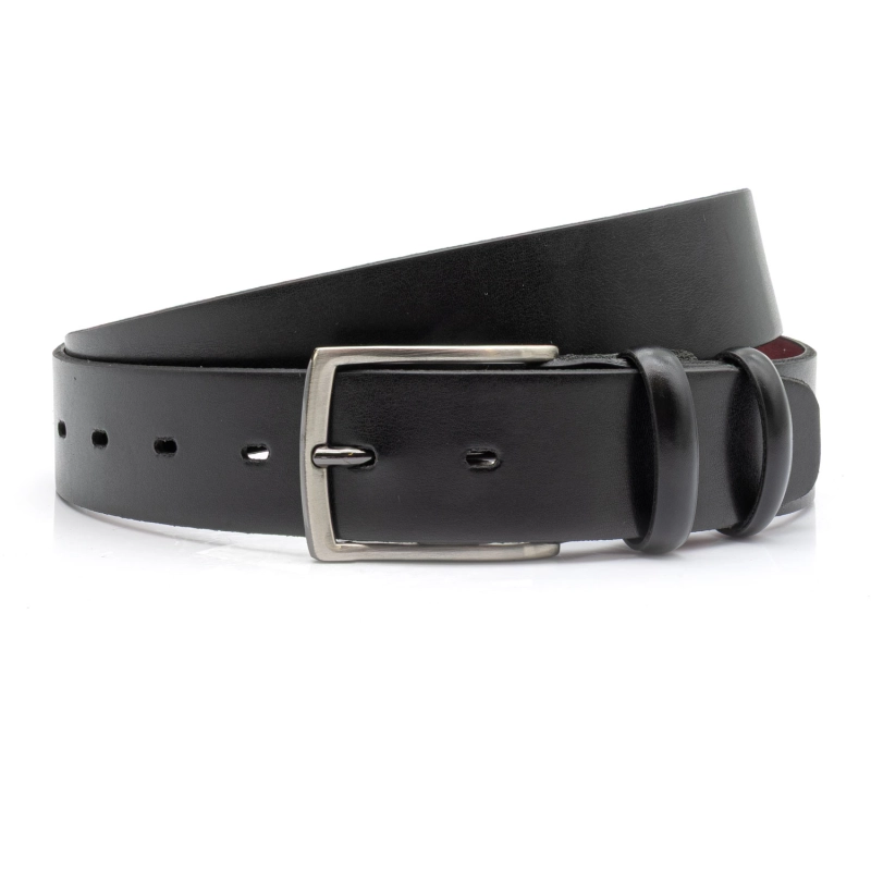 Klasyczny czarny pasek garniturowy z naturalnej skóry ze srebrną klamrą EM