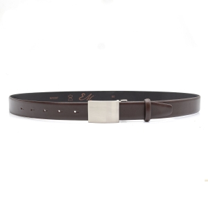 Pasek garniturowy ciemnobrązowy z naturalnej skóry ze srebrną klamrą EM