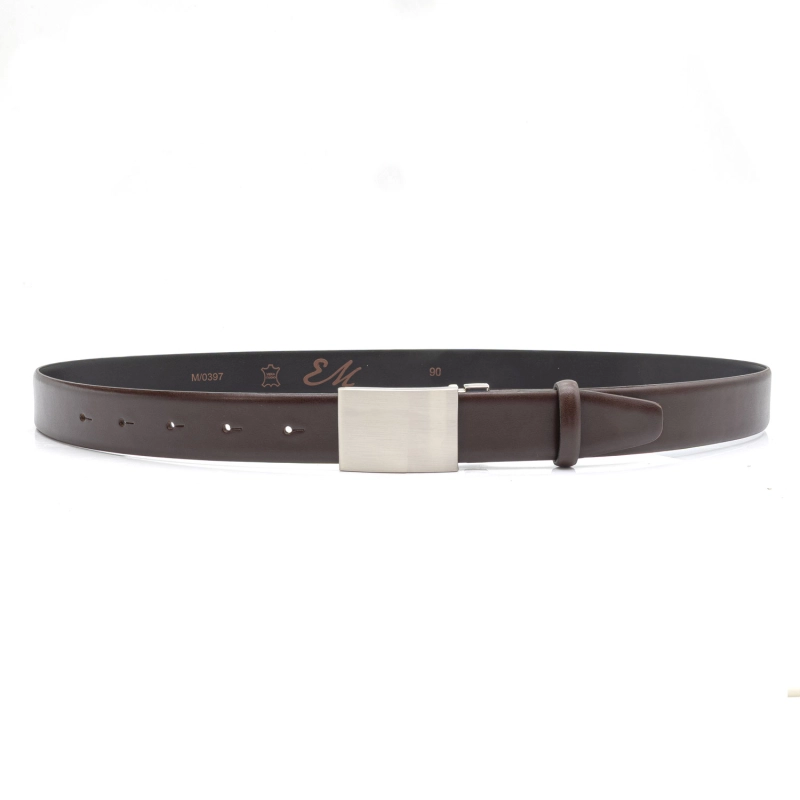 Pasek garniturowy ciemnobrązowy z naturalnej skóry ze srebrną klamrą EM