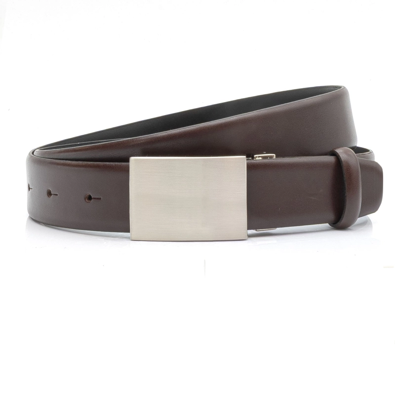 Pasek garniturowy ciemnobrązowy z naturalnej skóry ze srebrną klamrą EM