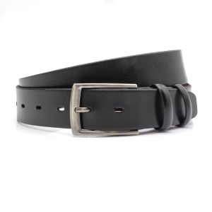 Klasyczny czarny pasek garniturowy z naturalnej skóry ze srebrną klamrą EM