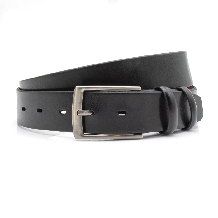 Klasyczny czarny pasek garniturowy z naturalnej skóry ze srebrną klamrą EM