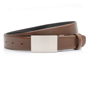 Pasek garniturowy brązowy / koniakowy z naturalnej skóry ze srebrną klamrą EM