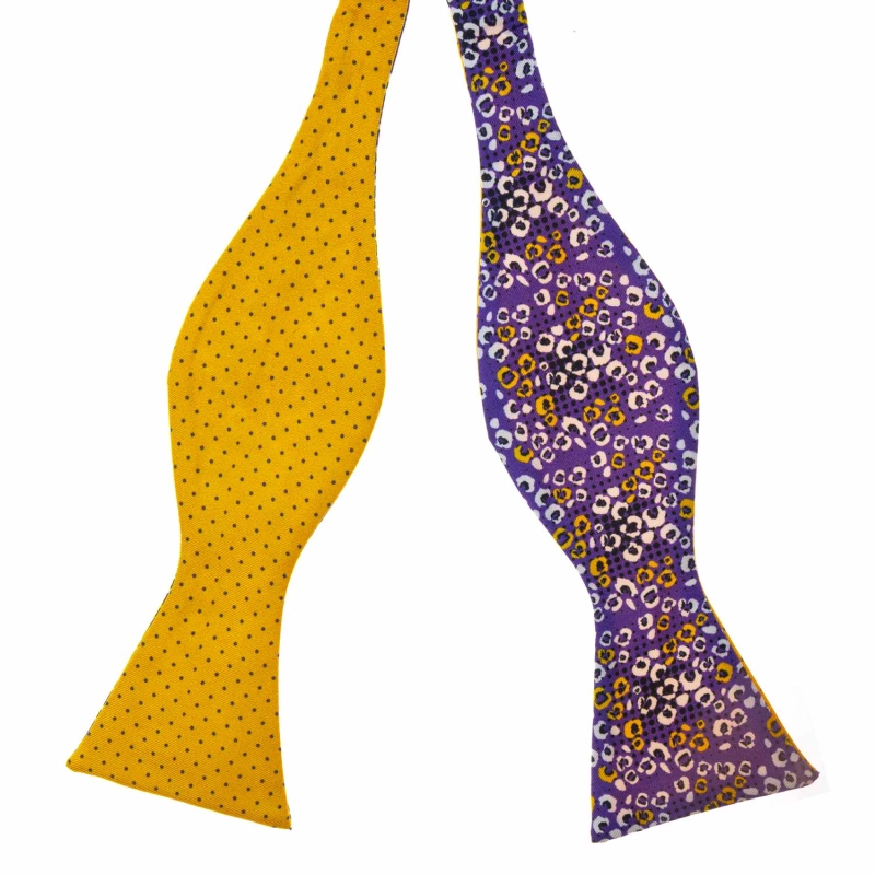 Mucha do wiązania jedwabna fioletowo - żółta w panterkę drukowana EM