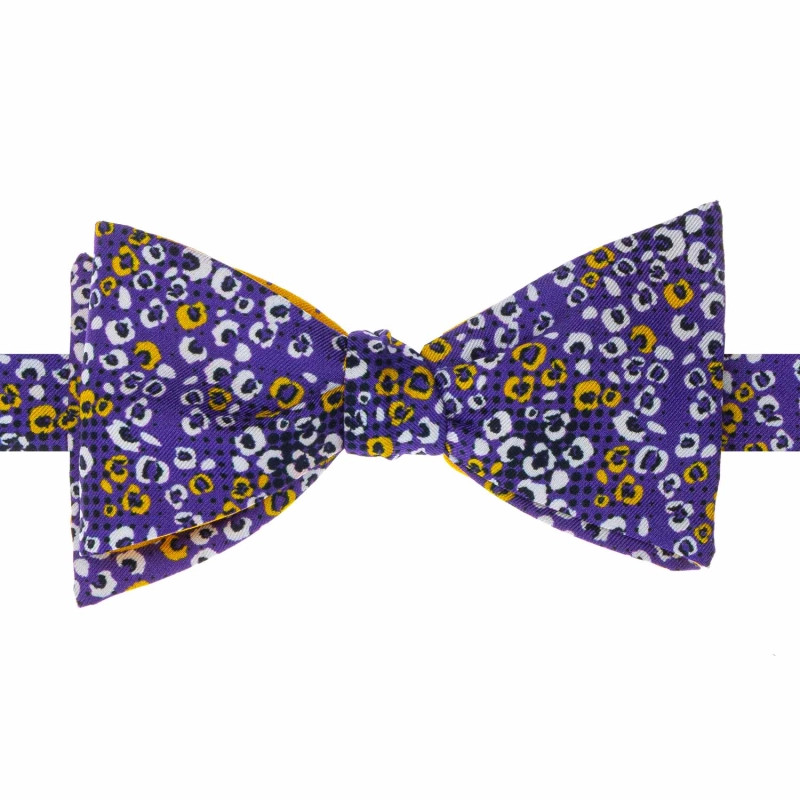 Mucha do wiązania jedwabna fioletowo - żółta w panterkę drukowana EM