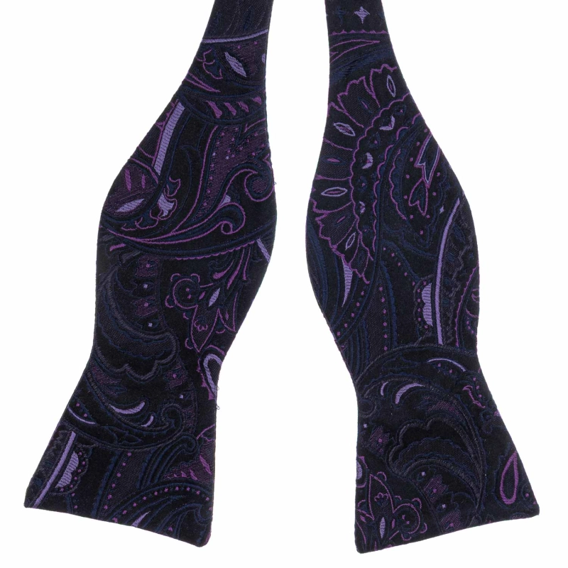 Mucha do wiązania jedwabna czarno - fuksjowa w paisley żakardowa EM