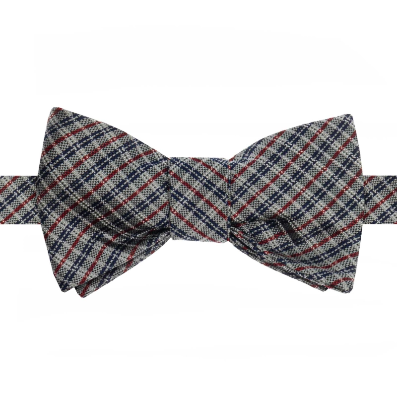 Mucha do wiązania jedwabna szara w niebiesko - bordową kratę w stylu tartan EM