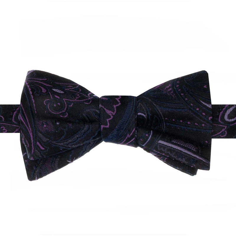 Mucha do wiązania jedwabna czarno - fuksjowa w paisley żakardowa EM