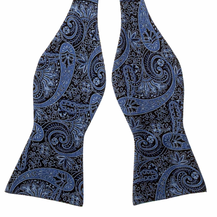 Mucha do wiązania jedwabna czarno - niebieska w paisley żakardowa EM