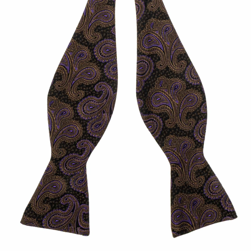 Mucha do wiązania jedwabna czarna w złoto - fioletowy wzór paisley żakardowa EM