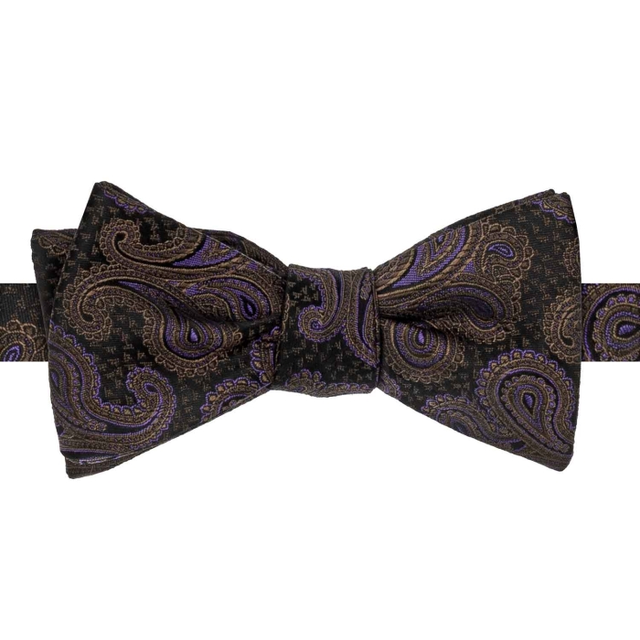 Mucha do wiązania jedwabna czarna w złoto - fioletowy wzór paisley żakardowa EM