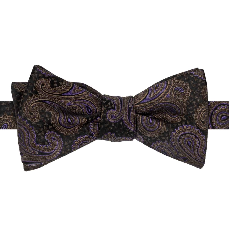 Mucha do wiązania jedwabna czarna w złoto - fioletowy wzór paisley żakardowa EM