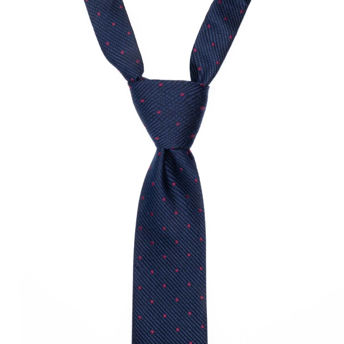 Krawat jedwabny w bordowe kropki ciemnoniebieski PREMIUM EM