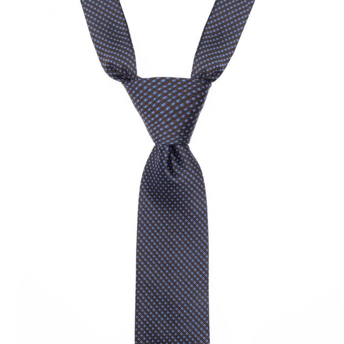 Krawat jedwabny brązowy w niebieskie kwadraty PREMIUM EM