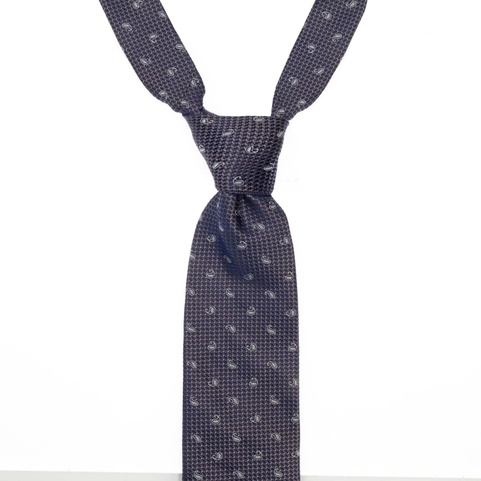 Krawat jedwabny granatowy w pepitkę ze wzorem paisley PREMIUM EM