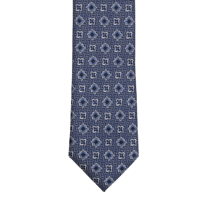 Krawat jedwabny granatowy w jodełkę z wzorami rozetki PREMIUM EM