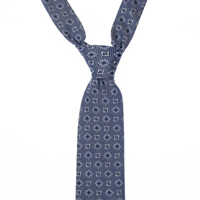 Krawat jedwabny granatowy w jodełkę z wzorami rozetki PREMIUM EM