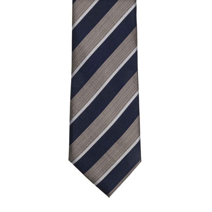 Krawat jedwabny granatowy w beżowo białe pasy PREMIUM EM