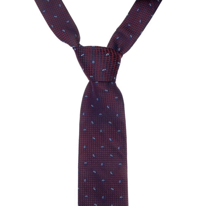 Krawat jedwabny bordowy w pepitkę z wzorem paisley PREMIUM EM