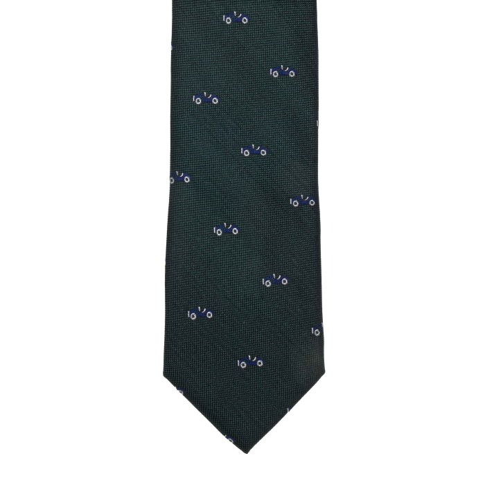 Krawat jedwabny ciemnozielony z wzorem retro samochodów PREMIUM EM