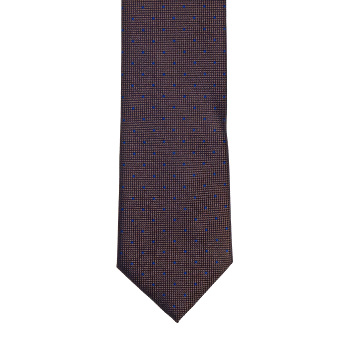 Krawat jedwabny brązowy z wzorem niebieskich kropek PREMIUM EM