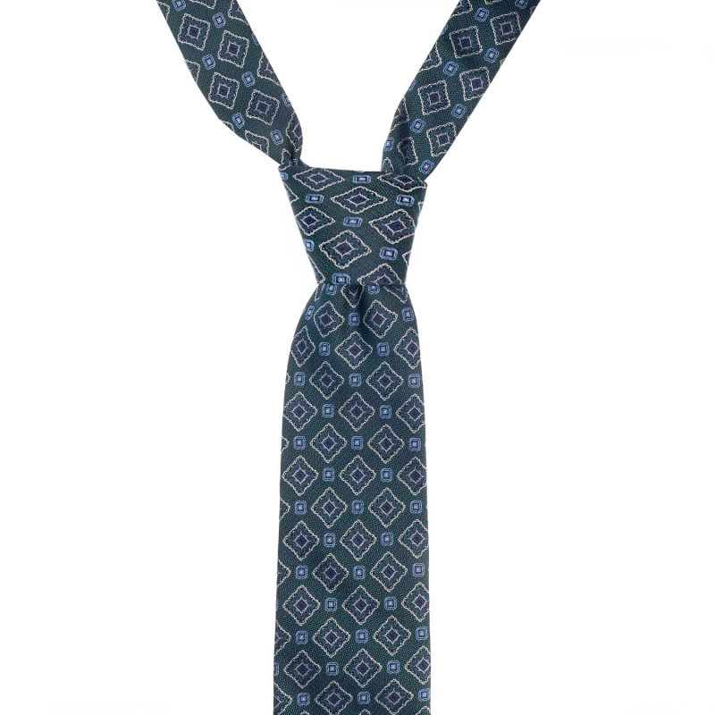 Krawat jedwabny ciemnozielony z wzorem geometrycznym PREMIUM EM