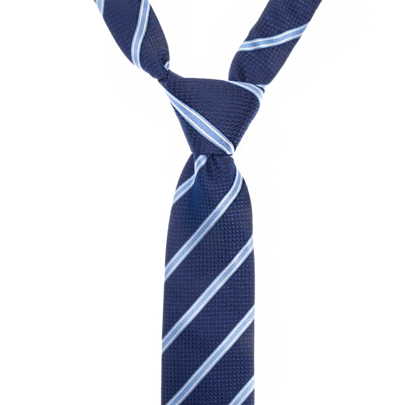Krawat jedwabny granatowy w błękitno białe pasy PREMIUM EM