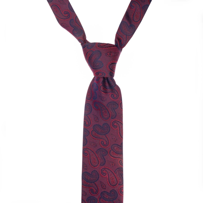 Krawat jedwabny bordowy w granatowy wzór paisley PREMIUM EM