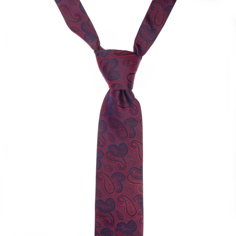 Krawat jedwabny bordowy w granatowy wzór paisley PREMIUM EM
