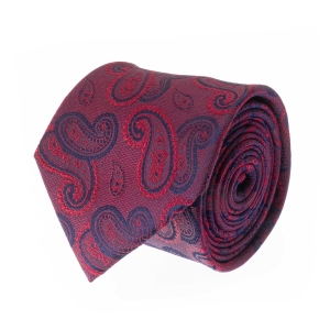 Krawat jedwabny bordowy w granatowy wzór paisley PREMIUM EM