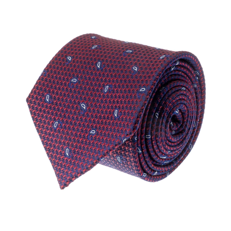 Krawat jedwabny bordowy w pepitkę z wzorem paisley PREMIUM EM