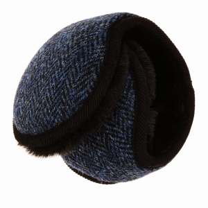 Nauszniki zimowe granatowe w pepitkę z wełny Harris Tweed z ociepleniem - składane