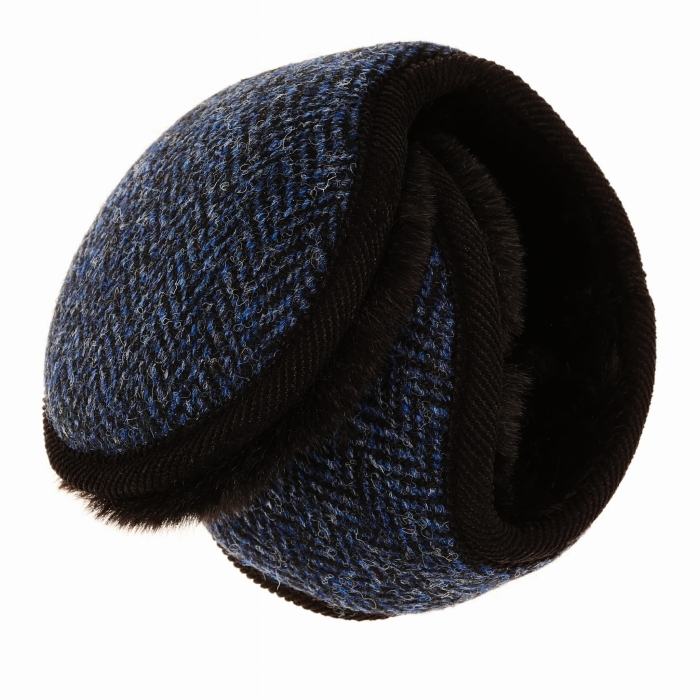 Nauszniki zimowe granatowe w pepitkę z wełny Harris Tweed z ociepleniem - składane