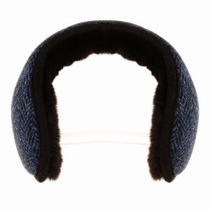 Nauszniki zimowe granatowe w pepitkę z wełny Harris Tweed z ociepleniem - składane