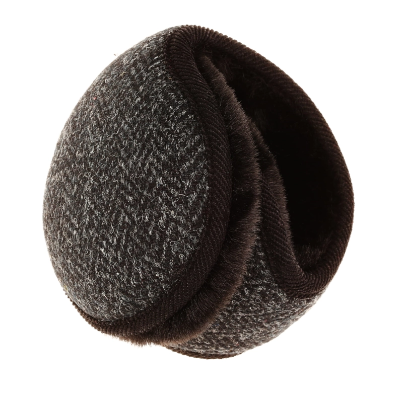 Nauszniki zimowe szare w pepitkę z wełny Harris Tweed z ociepleniem - składane