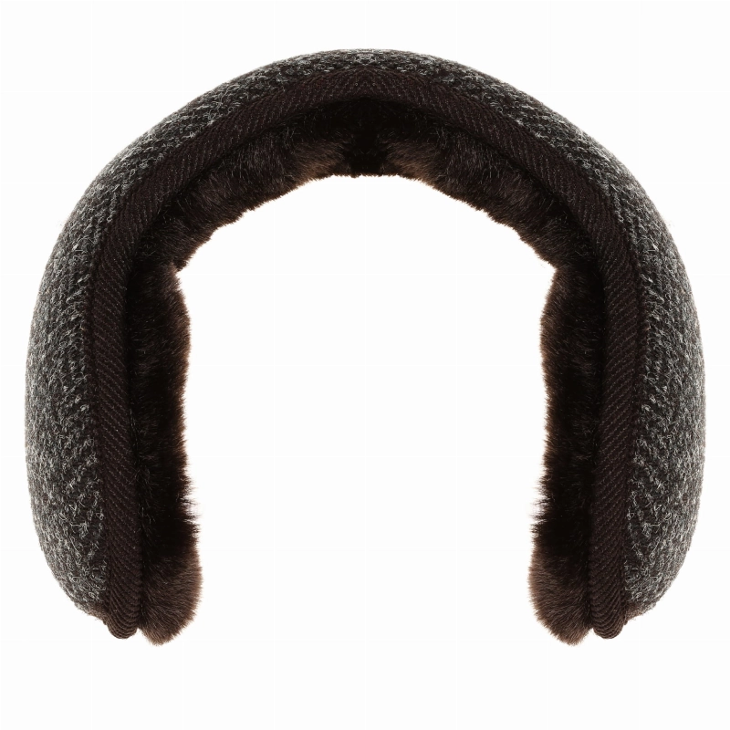 Nauszniki zimowe szare w pepitkę z wełny Harris Tweed z ociepleniem - składane