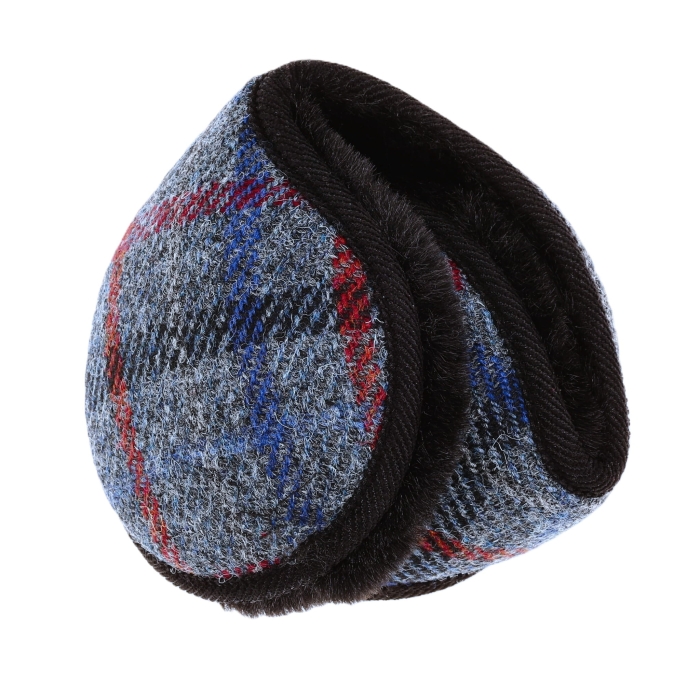 Nauszniki zimowe szaro-granatowe w kratę z wełny Harris Tweed z ociepleniem - składane