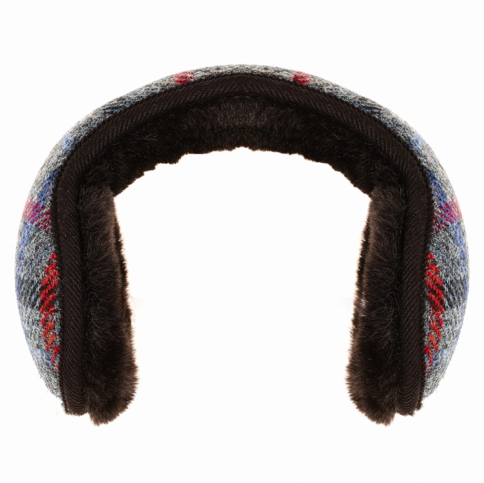 Nauszniki zimowe szaro-granatowe w kratę z wełny Harris Tweed z ociepleniem - składane