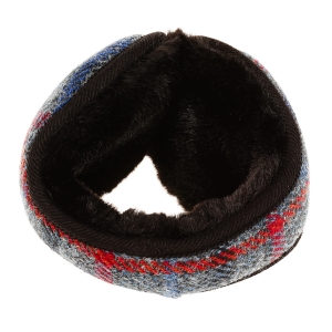 Nauszniki zimowe szaro-granatowe w kratę z wełny Harris Tweed z ociepleniem - składane