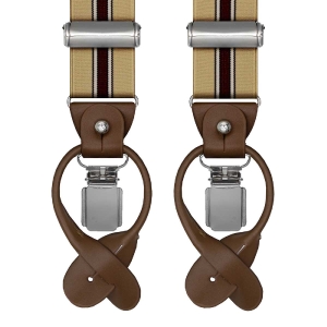 Szelki beżowe z pasem bordowym zapinane na guziki z wykończeniem skórzanym w kolorze brązowym EM