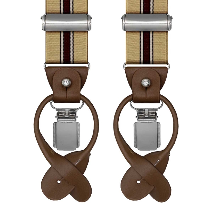 Szelki beżowe z pasem bordowym zapinane na guziki z wykończeniem skórzanym w kolorze brązowym EM