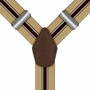 Szelki beżowe z pasem bordowym zapinane na guziki z wykończeniem skórzanym w kolorze brązowym EM