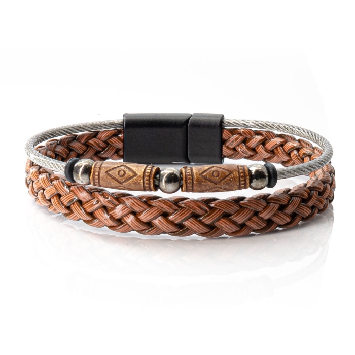 Bransoletka skórzana srebrno - brązowa - skóra naturalna + koraliki EM